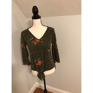 Anthropologie Fig & Flower Green Space Dye Embroidered Flower Tie Top - PS